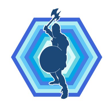 Muharebe halindeki bir savaşçının silueti savaş baltası ve demir kalkanla poz verir.