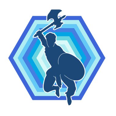 Muharebe halindeki bir savaşçının silueti savaş baltası ve demir kalkanla poz verir.