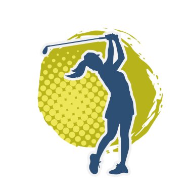 Golf oynayan bir kadının silüeti. Hareketli bir kadın golfçünün silueti..
