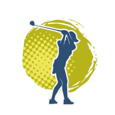Golf oynayan bir kadının silüeti. Hareketli bir kadın golfçünün silueti..
