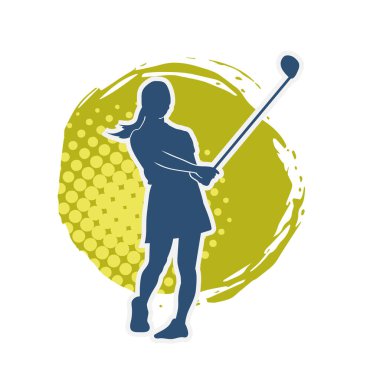 Golf oynayan bir kadının silüeti. Hareketli bir kadın golfçünün silueti..