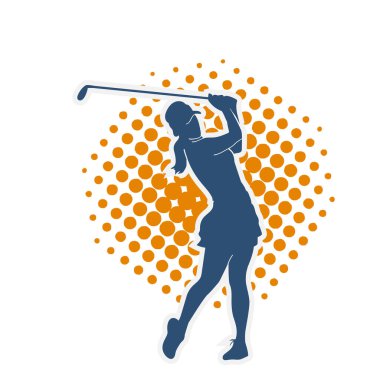 Golf oynayan bir kadının silüeti. Hareketli bir kadın golfçünün silueti..