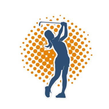 Golf oynayan bir kadının silüeti. Hareketli bir kadın golfçünün silueti..