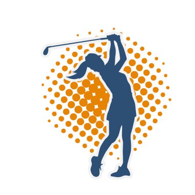 Golf oynayan bir kadının silüeti. Hareketli bir kadın golfçünün silueti..