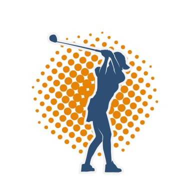 Golf oynayan bir kadının silüeti. Hareketli bir kadın golfçünün silueti..