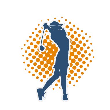 Golf oynayan bir kadının silüeti. Hareketli bir kadın golfçünün silueti..