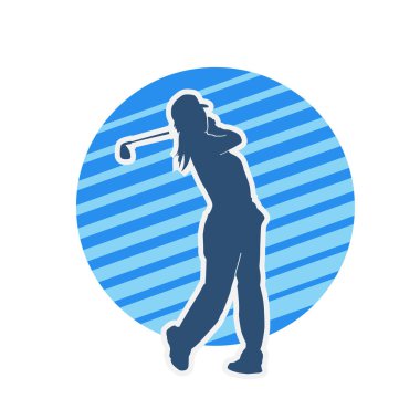Golf oynayan bir kadının silüeti. Hareketli bir kadın golfçünün silueti..