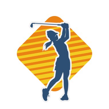 Golf oynayan bir kadının silüeti. Hareketli bir kadın golfçünün silueti..
