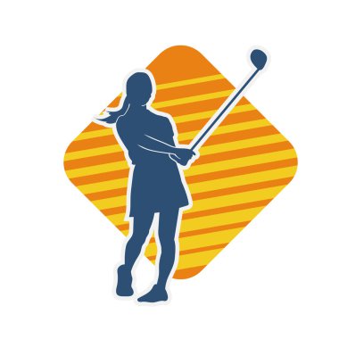 Golf oynayan bir kadının silüeti. Hareketli bir kadın golfçünün silueti..