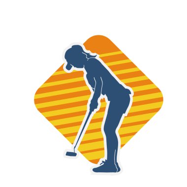 Golf oynayan bir kadının silüeti. Hareketli bir kadın golfçünün silueti..