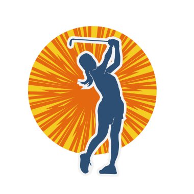 Golf oynayan bir kadının silüeti. Hareketli bir kadın golfçünün silueti..