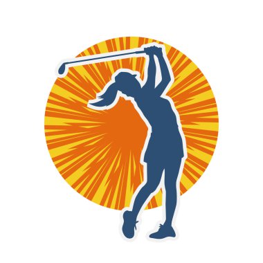 Golf oynayan bir kadının silüeti. Hareketli bir kadın golfçünün silueti..