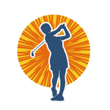 Golf oynayan bir kadının silüeti. Hareketli bir kadın golfçünün silueti..