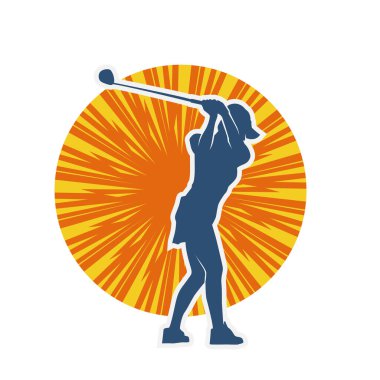 Golf oynayan bir kadının silüeti. Hareketli bir kadın golfçünün silueti..