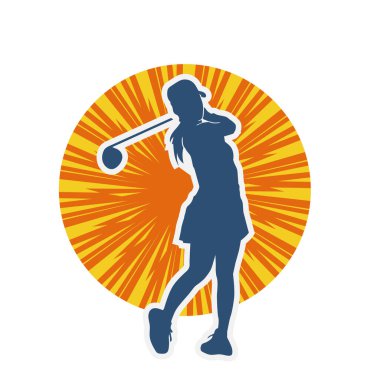 Golf oynayan bir kadının silüeti. Hareketli bir kadın golfçünün silueti..