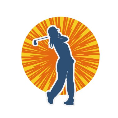 Golf oynayan bir kadının silüeti. Hareketli bir kadın golfçünün silueti..