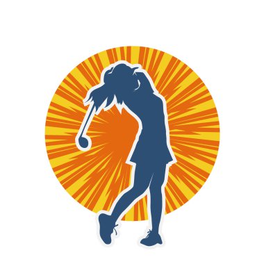 Golf oynayan bir kadının silüeti. Hareketli bir kadın golfçünün silueti..