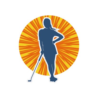 Golf oynayan bir kadının silüeti. Hareketli bir kadın golfçünün silueti..