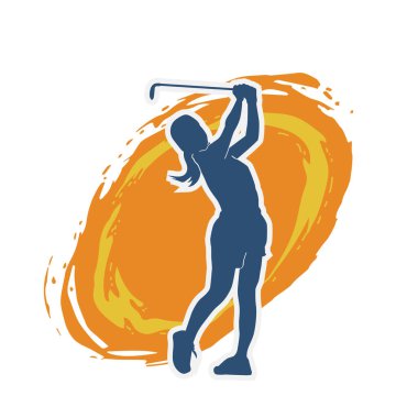 Golf oynayan bir kadının silüeti. Hareketli bir kadın golfçünün silueti..