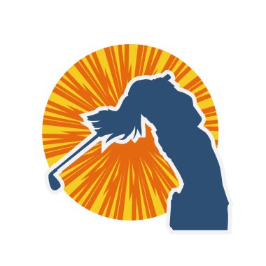 Golf oynayan bir kadının silüeti. Hareketli bir kadın golfçünün silueti..