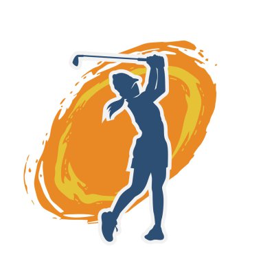 Golf oynayan bir kadının silüeti. Hareketli bir kadın golfçünün silueti..