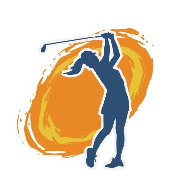 Golf oynayan bir kadının silüeti. Hareketli bir kadın golfçünün silueti..