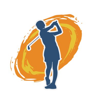 Golf oynayan bir kadının silüeti. Hareketli bir kadın golfçünün silueti..
