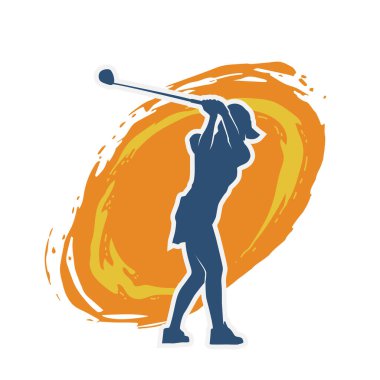 Golf oynayan bir kadının silüeti. Hareketli bir kadın golfçünün silueti..