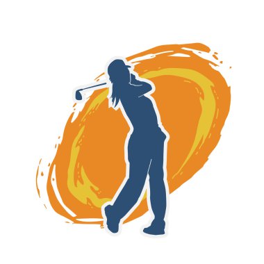 Golf oynayan bir kadının silüeti. Hareketli bir kadın golfçünün silueti..