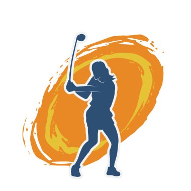 Golf oynayan bir kadının silüeti. Hareketli bir kadın golfçünün silueti..