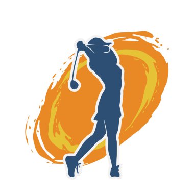 Golf oynayan bir kadının silüeti. Hareketli bir kadın golfçünün silueti..