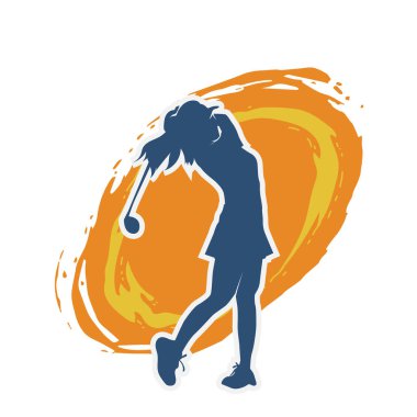 Golf oynayan bir kadının silüeti. Hareketli bir kadın golfçünün silueti..