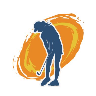 Golf oynayan bir kadının silüeti. Hareketli bir kadın golfçünün silueti..