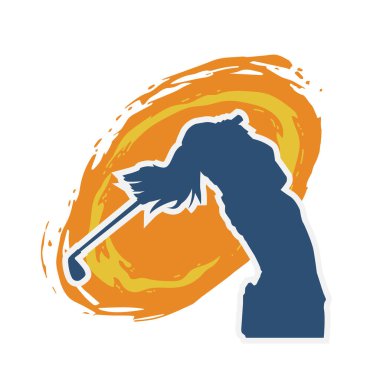 Golf oynayan bir kadının silüeti. Hareketli bir kadın golfçünün silueti..