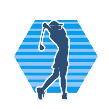 Golf oynayan bir kadının silüeti. Hareketli bir kadın golfçünün silueti..