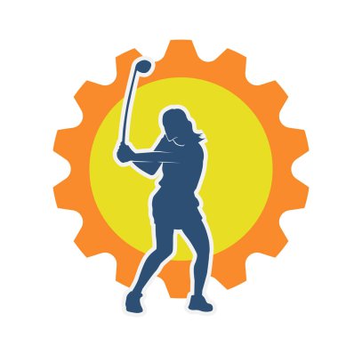 Golf oynayan bir kadının silüeti. Hareketli bir kadın golfçünün silueti..
