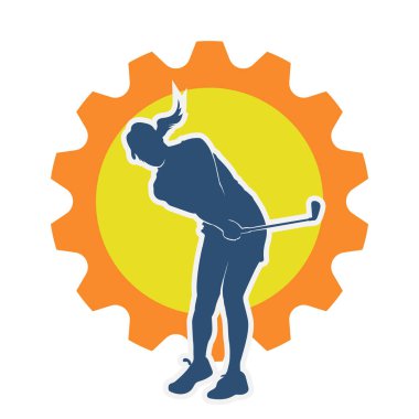 Golf oynayan bir kadının silüeti. Hareketli bir kadın golfçünün silueti..