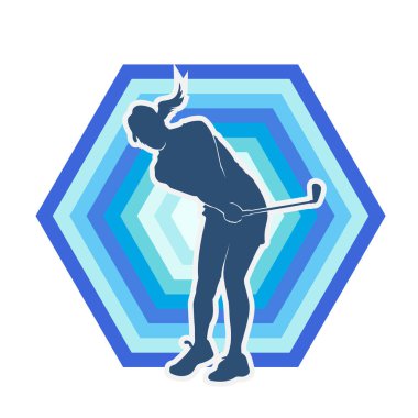 Golf oynayan bir kadının silüeti. Hareketli bir kadın golfçünün silueti..