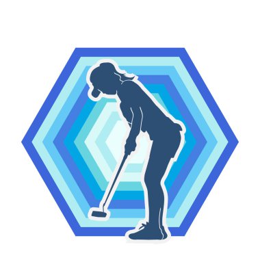 Golf oynayan bir kadının silüeti. Hareketli bir kadın golfçünün silueti..