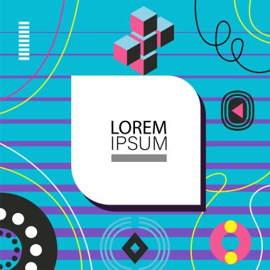 Canlı Geometrik Uyum: Oyuncu Memphis İlham Veren Soyut Tasarım. Metin alanı olan soyut arkaplan sanatı.