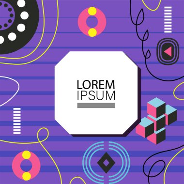 Canlı Geometrik Uyum: Oyuncu Memphis İlham Veren Soyut Tasarım. Metin alanı olan soyut arkaplan sanatı.