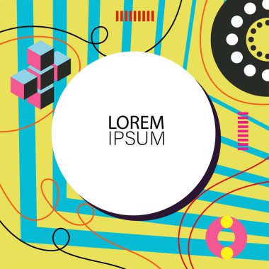 Canlı Geometrik Uyum: Oyuncu Memphis İlham Veren Soyut Tasarım. Metin alanı olan soyut arkaplan sanatı.