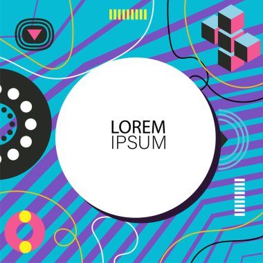 Canlı Geometrik Uyum: Oyuncu Memphis İlham Veren Soyut Tasarım. Metin alanı olan soyut arkaplan sanatı.