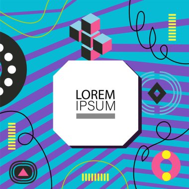 Canlı Geometrik Uyum: Oyuncu Memphis İlham Veren Soyut Tasarım. Metin alanı olan soyut arkaplan sanatı.