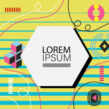 Oyuncu Grafik Süslemeleri ile soyut arka plan Retro Memphis Tasarımı. Soyut arka plan 80 'lerden esinlenilmiş kalın desenli ve şekilli Memphis Sanatı. Kopyalama alanı olan soyut arkaplan.