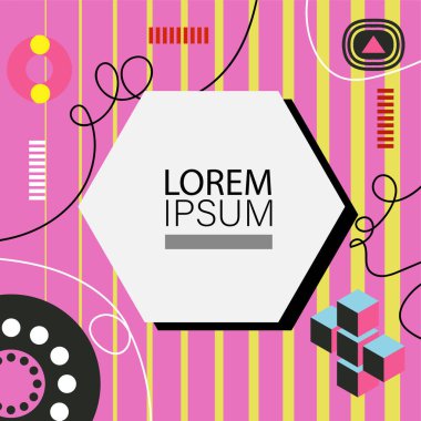 Oyuncu Grafik Süslemeleri ile soyut arka plan Retro Memphis Tasarımı. Soyut arka plan 80 'lerden esinlenilmiş kalın desenli ve şekilli Memphis Sanatı. Kopyalama alanı olan soyut arkaplan.