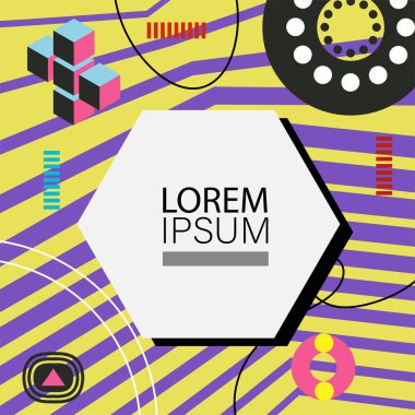Oyuncu Grafik Süslemeleri ile soyut arka plan Retro Memphis Tasarımı. Soyut arka plan 80 'lerden esinlenilmiş kalın desenli ve şekilli Memphis Sanatı. Kopyalama alanı olan soyut arkaplan.