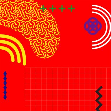 Dekoratif elementlere sahip soyut arkaplan Vibrant Memphis Tarzı Vektörü. Funk Grafik Aksanlı Soyut Arkaplan Geometrik Memphis Sanatı