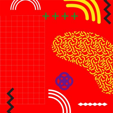 Dekoratif elementlere sahip soyut arkaplan Vibrant Memphis Tarzı Vektörü. Funk Grafik Aksanlı Soyut Arkaplan Geometrik Memphis Sanatı