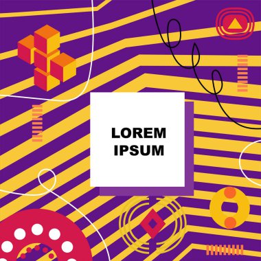 Dekoratif elementlere sahip soyut arkaplan Vibrant Memphis Tarzı Vektörü. Funky Grafik Aksanlı Soyut Arkaplan Geometrik Memphis Sanatı. Kopyalama alanı olan soyut arkaplan.
